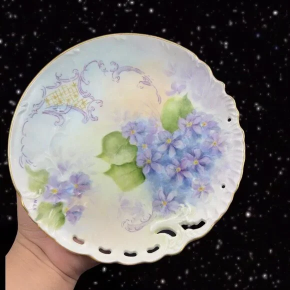Antique Hand Painted Plate Dish Fine Porcelain Painted Purple Flowers Signed MLN Accents